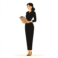 Professional woman in black dress holding clipboard looking focused