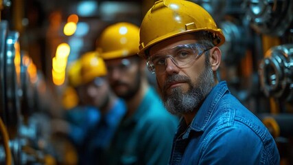 Industry Professionals: A portrait of seasoned workers, each donning protective gear. They stand amidst a complex industrial setting. The image evokes a sense of expertise and dedication. 