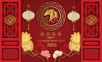 Happy Chinese new year of the horse 2026 festive banner with gold horse and flowers