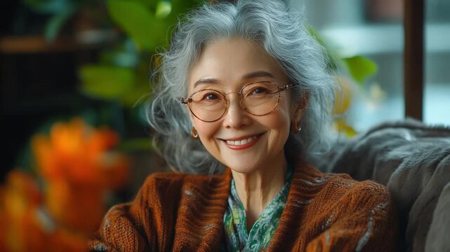 Serene Smile: A captivating portrait of an elegant elder woman, radiating warmth and wisdom with a gentle, contented smile and glasses, in her home surroundings.