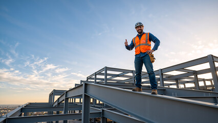 Happy construction worker standing on a steel beam showing thumbs up. Smiling male builder in safety vest and hard hat on a high building site. Industrial success concept with copy space
