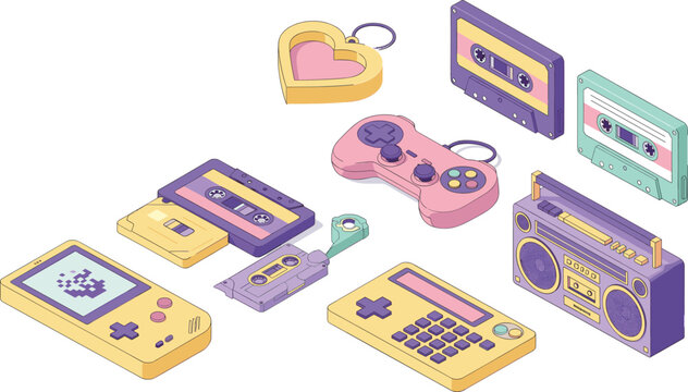 Isometric retro gadgets and vintage electronics vector illustration set with cassette tapes, game console, and boombox