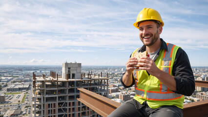 Smiling construction worker eating lunch on a steel beam. Happy man in hard hat and safety vest taking a break at a high-rise building site. Urban city view background