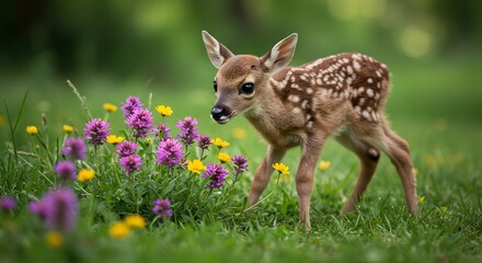 Fototapeta premium Gentle sunlight softly illuminates a tiny spotted fawn standing among bright purple and yellow spring wildflowers.. AI Generated