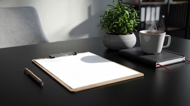 Workspace setup with a blank clipboard, pen, coffee, and plant on a black desk.