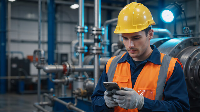 Male industrial worker using a smartphone in a factory. Engineer in safety gear with yellow hard hat and orange vest. Digital technology and communication in modern manufacturing plant - Powered by Adobe