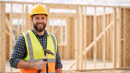 Smiling male construction worker holding a hammer at a building site. Professional carpenter in hard hat and safety vest standing in front of wooden house frame. Home renovation concept