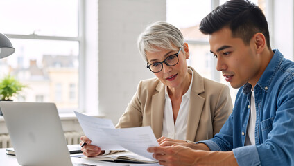 Senior woman and young Asian man reviewing documents in a bright office. Professional mentorship and business consultation. Financial planning or legal advice session