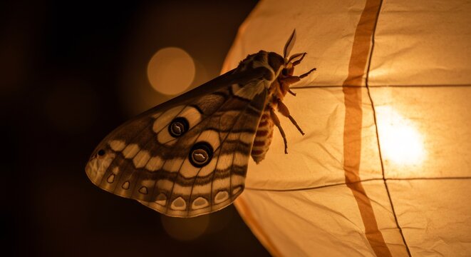 Beautiful moth gently perching on a brightly glowing paper lantern soft warm light highlights its detailed wings in the dark. AI Generated