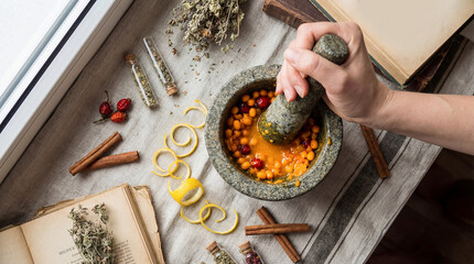 Woman using a stone mortar and pestle to grind herbs and spices, surrounded by open books, dried herbs, and colorful ingredients, creating a natural remedy in a cozy kitchen
