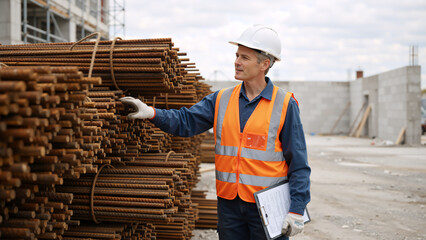 A male engineer in a hard hat inspects steel rebar at a construction site. A professional worker with a clipboard checks building materials for quality control
