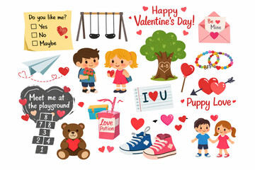 Fototapeta premium Valentine’s Day Childhood Love Flat Icon Set with Crush Symbols and Playground Hearts