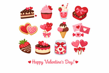 Valentine&rsquo;s Day Dessert Flat Icon Set with Cakes, Cookies, Ice Cream, and Sweets