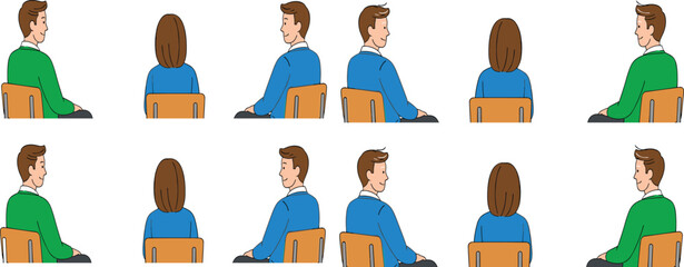 People sitting on chairs from different back and side views vector illustration set isolated on white background