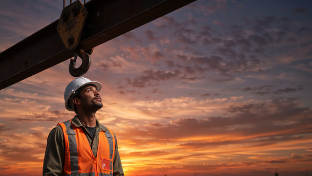 Construction worker in hard hat and safety vest looking up at a crane hook at sunset. Industrial engineer at building site during golden hour. Infrastructure development concept
