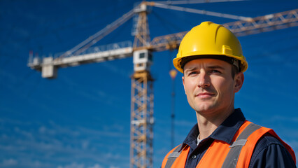 Male construction worker in yellow hard hat and orange safety vest. Professional engineer at building site with tower crane. Industrial development and workplace safety concept