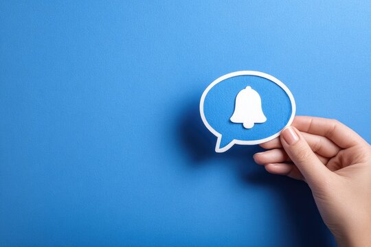 Hand holding a speech bubble with a notification bell, over a blue background