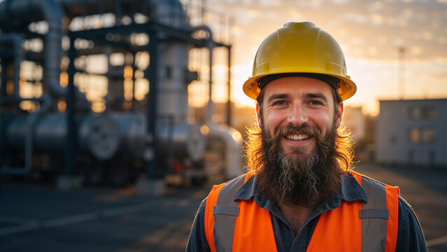 Portrait of a smiling bearded industrial worker in a yellow hard hat and orange safety vest. Professional engineer at a refinery during sunset. Energy sector employee in high visibility gear