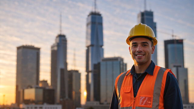 Smiling male construction worker in hard hat and safety vest. Professional engineer standing in front of city skyline at sunset. Urban development and infrastructure concept - Powered by Adobe