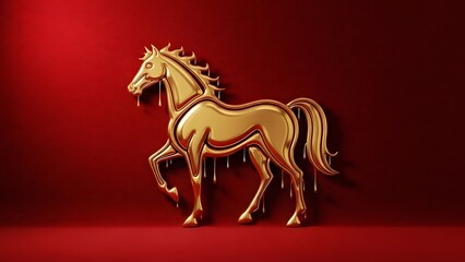 Theme Chinese New Year,&nbsp;&nbsp;Golden horse sculpture with dripping molten effect on red background