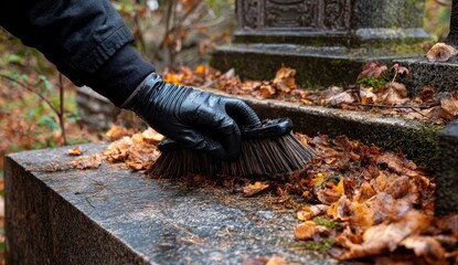 Close-up of gloved hand brushing autumnal leaves off a weathered tombstone