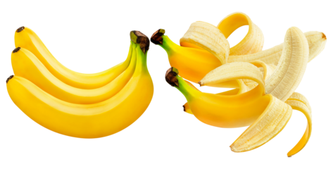 a bunch of ripe yellow bananas and partially peeled bananas on a transparent background, studio shot.