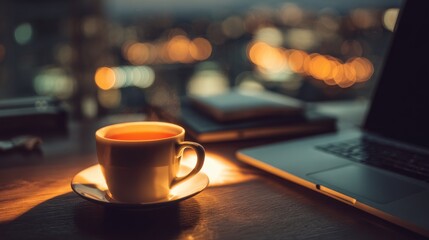 Late evening corporate workspace with cup of tea, glowing unread emails, and soft ambient lighting creating a focused productivity atmosphere on a business desktop