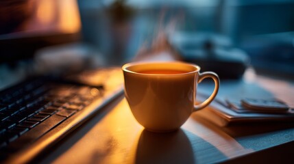 Late evening corporate workspace with cup of tea, glowing unread emails, and soft ambient lighting creating a focused productivity atmosphere on a business desktop