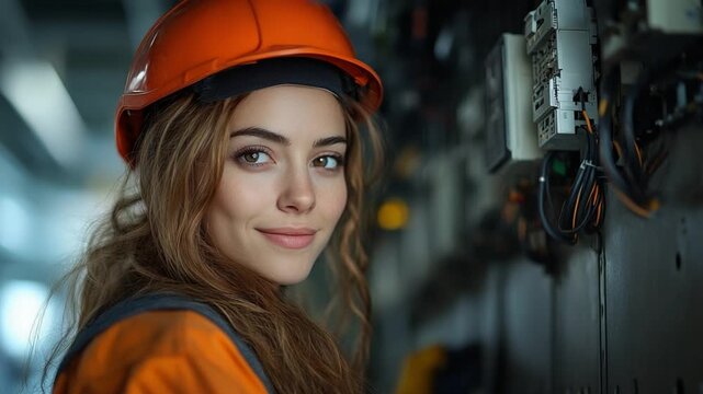 Industriousness: Confident female engineer at work, exuding knowledge and determination. Her image is a celebration of women in industry and the pursuit of technological progress.