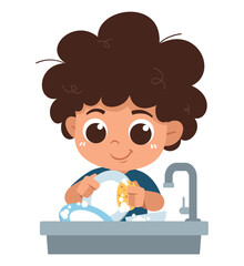 Cute Kid Washing Dishes Cartoon Vector Illustration