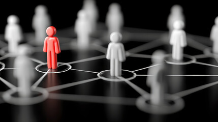 A red pawn connected to white pawns in a digital social network 