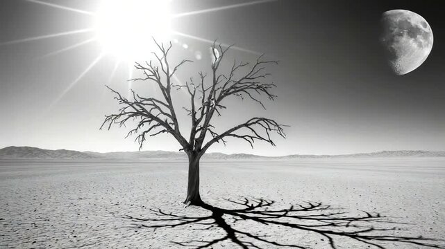 Desolate Landscape with Bare Tree and Celestial Bodies.