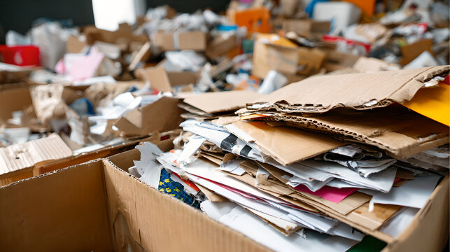 Massive outdoor collection of flattened corrugated cardboard boxes and colorful discarded paper waste.