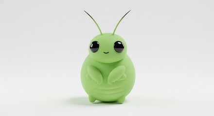 Whimsical smooth green bug toy with huge endearing eyes looks playfully at viewer in gentle bright light. AI Generated
