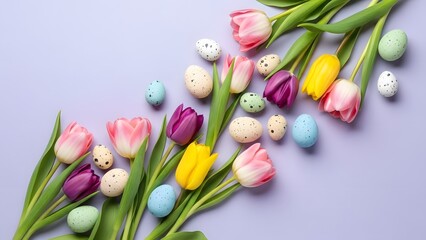 Happy easter sunday celebration with colorful tulips and eggs