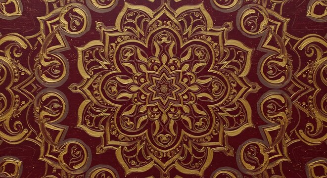 Intricate golden mandala pattern on rich maroon background creating a luxurious symmetrical decorative design. AI Generated - Powered by Adobe