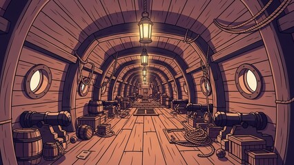 Vintage cartoon style illustration of a ship's gun deck interior.
