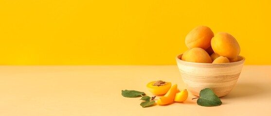 Bowl of delicious ripe apricots on yellow background with space for text