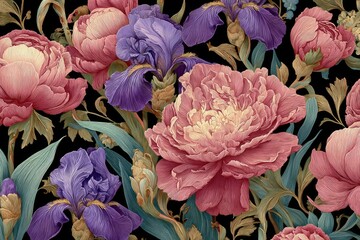 Floral composition featuring vibrant peonies and irises against a stark black backdrop © fakii