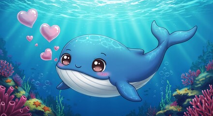 Playful cartoon whale sweetly expresses love with floating hearts swimming through bright sunlit blue ocean above vibrant coral. AI Generated