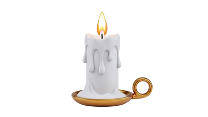 Lit white candle with dripping wax in a golden holder