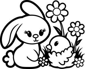 Obraz premium SVG vector illustration of an Easter bunny with flowers and a chick.Cute Bunny and Chick with Flowers for Kids' Coloring