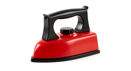 Vibrant red toy iron gleams under bright studio lights creating sharp reflections on a pure white background. AI Generated