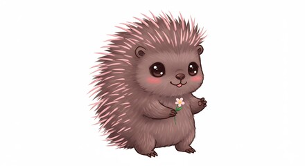 Cute whimsical hedgehog illustration joyfully holding a tiny flower against a clean white background adorable artistic rendering. AI Generated