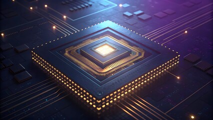 Futuristic glowing electronic circuit board with blue digital chip design