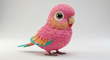 Adorable textured pink parrot stands playfully bright eyed softly glowing under gentle light. AI Generated