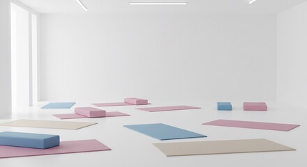 Brightly lit minimalist yoga studio with colorful mats and blocks ready for a serene morning workout session. AI Generated