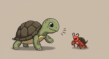 Adorable cartoon turtle cheerfully meeting a little red crab against a minimalist plain background delightful children art. AI Generated