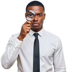 [Generative AI] 돋보기를 들고 정면을 응시하는 흑인 남성 비즈니스맨