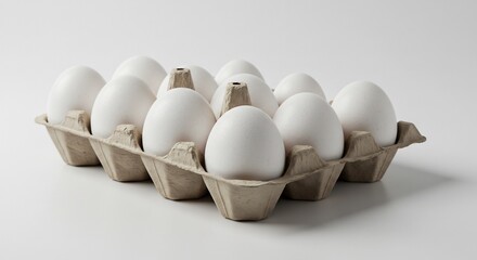 Twelve fresh white chicken eggs in a rustic carton illuminated by gentle even light on a clean white surface. AI Generated